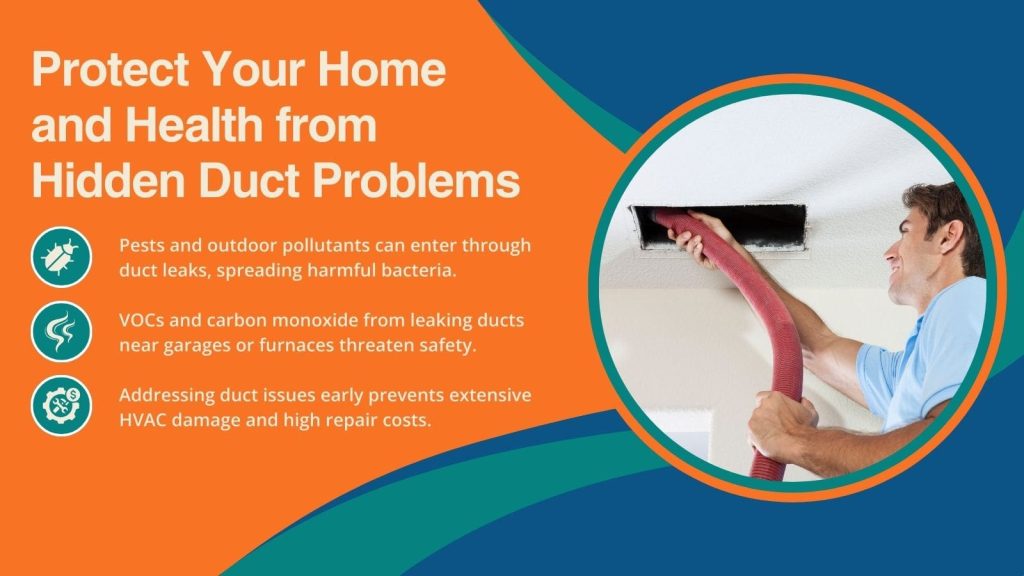 This graphic has a picture of an HVAC professional cleaning a homeowner's duct work. The headline on the graphic reads; Protect Your Home and Health from Hidden Duct Problems.