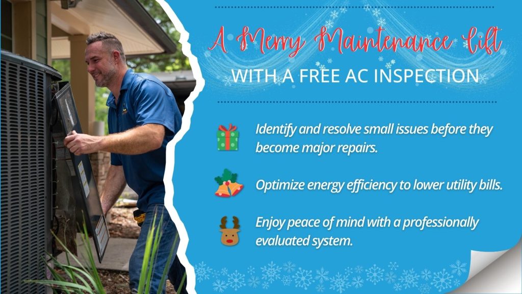 This is an image of an HVAC tech servicing an AC unit. The headline reads; A Merry Maintenance Gift with a Free AC Inspection.