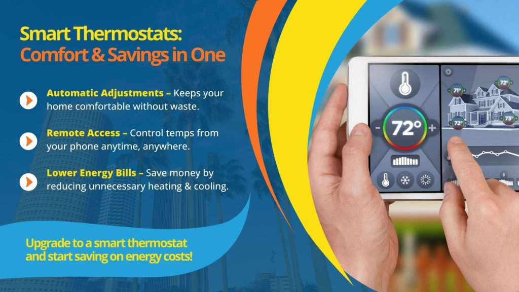 This is an image of a smart thermostat. The headline reads; Smart Thermostats: Comfort & Savings in One.